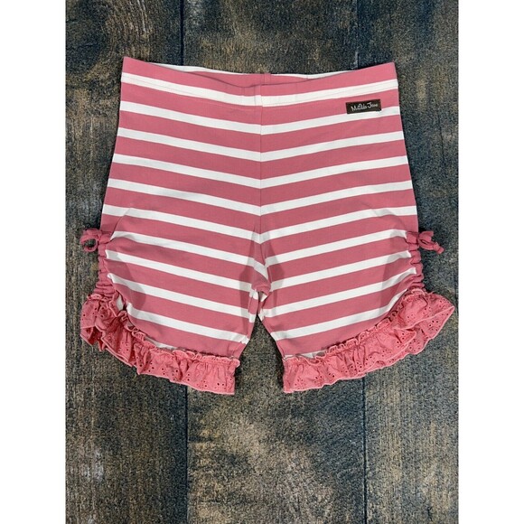 Matilda Jane Girls Size 14 Bonnie Striped Ruffle Trim Shorties! Ruched Sides! - Picture 1 of 6